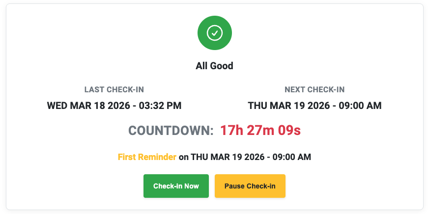 Dead Man's Switch dashboard showing a green OK status and check-in button