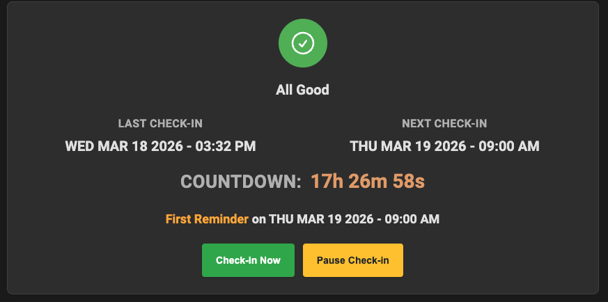 Dead Man's Switch dashboard showing a green OK status and check-in button