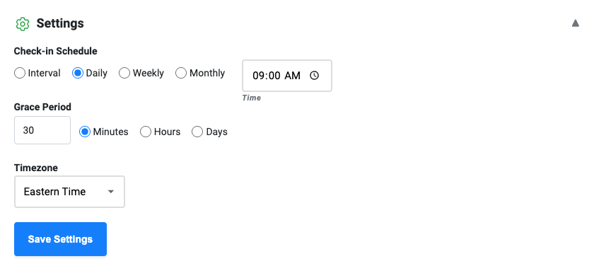 Dead Man's Switch settings page showing schedule and contact configuration
