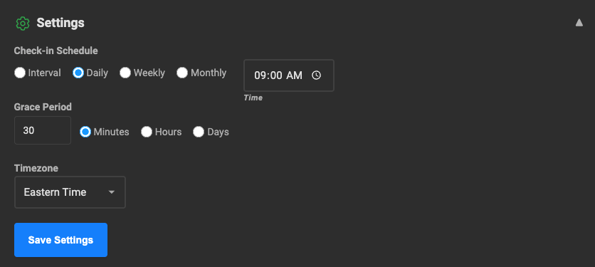 Dead Man's Switch settings page showing schedule and contact configuration
