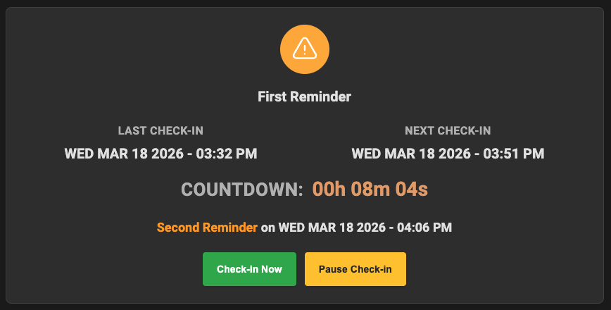 Dead Man's Switch dashboard showing an overdue warning state