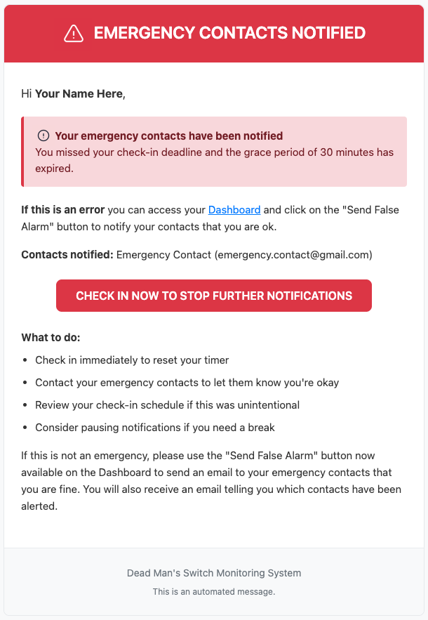 Emergency notification email sent to emergency contacts