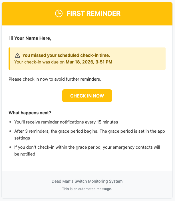 Reminder email sent to user before emergency contacts are notified