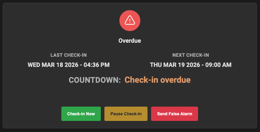 Dead Man's Switch dashboard showing the False Alarm button