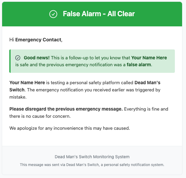 All-clear email sent to emergency contacts after a false alarm