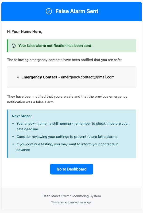 Confirmation email sent to user after false alarm is dispatched to contacts